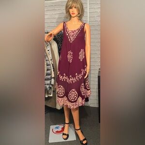 Free Size Lightweight purple Flowy Boho Sleeveless Red Wine Embroidered Dress